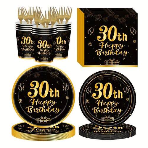 Black Gold Disposable Tableware For 30th Birthday Party Deco