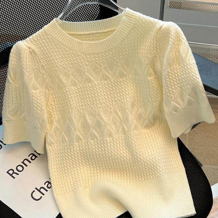 ROUJE ESVIP法式温柔风圆领短袖针织T恤女米白色修身洋气上衣