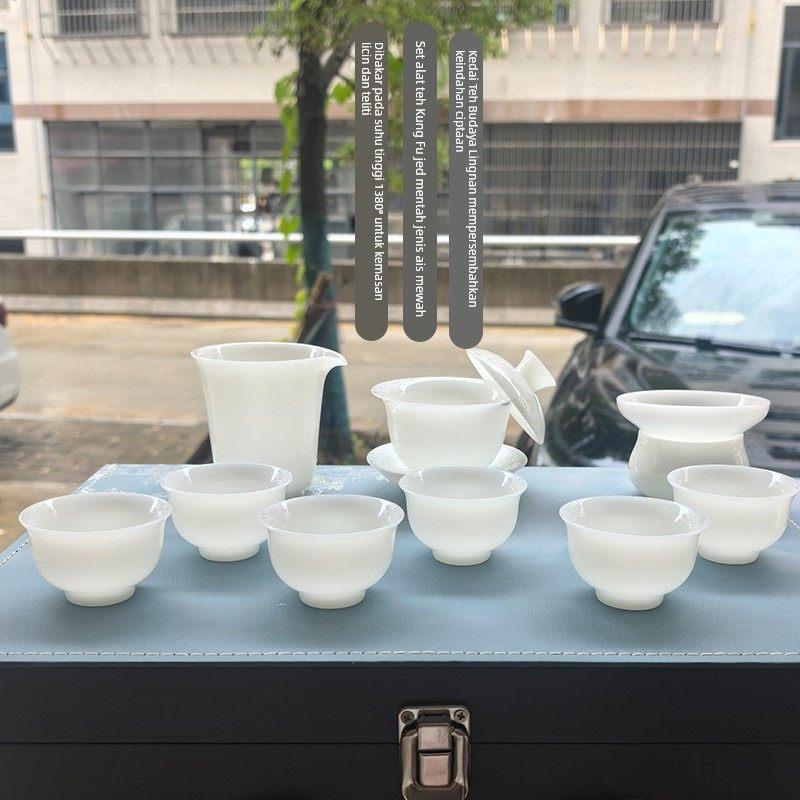 高档轻奢冰种璞玉盖碗套装喝茶功夫茶具套装2025新款家用德化白瓷