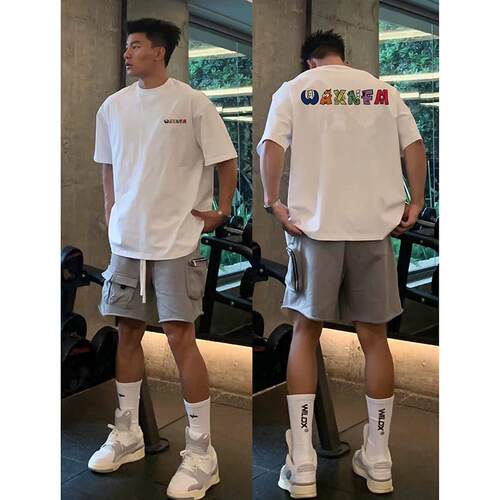 香港潮牌美式设计感卡通字母短袖T恤男夏季宽松重磅oversize纯棉