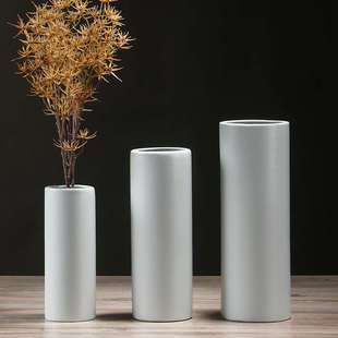 饰客厅摆件鲜花干花花器插花 北欧创意白色直筒陶瓷花瓶圆筒家居装