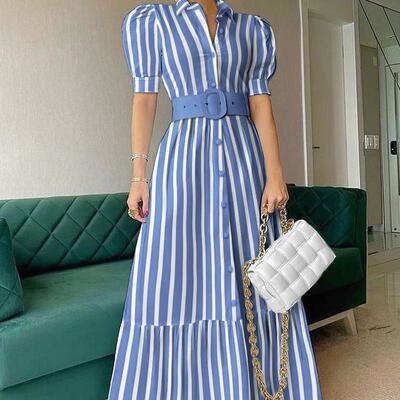 Women Striped Button Shirt Dress Casual Puff Sleeve Ruffle