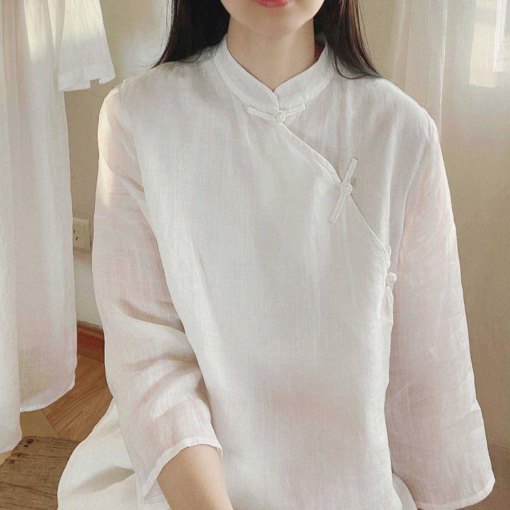 极速中国风斜襟改良旗袍亚麻上衣女民国风复古盘扣衬衫阔腿裤两件