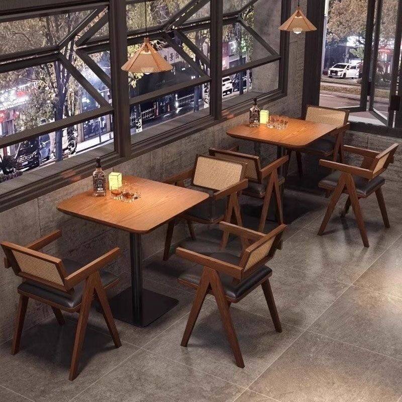 侘寂风复古实木藤编商用西餐厅桌椅组合咖啡厅酒吧休息区洽谈桌椅