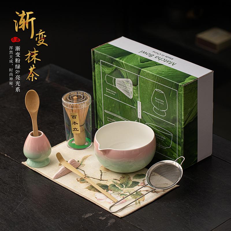 亮光粉绿渐变抹茶八件套宋代陶瓷打抹茶整套用具茶具套装茶碗茶刷