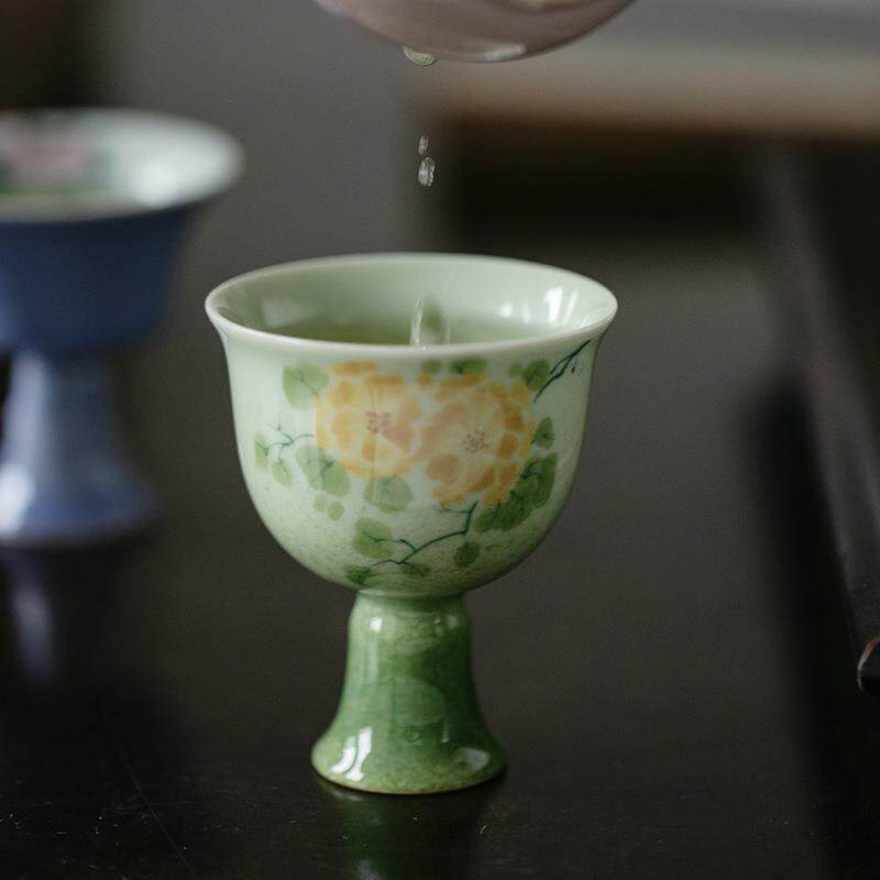 无落 景德镇果青釉下彩手绘簇拥高足主人杯手工陶瓷茶杯品茗杯