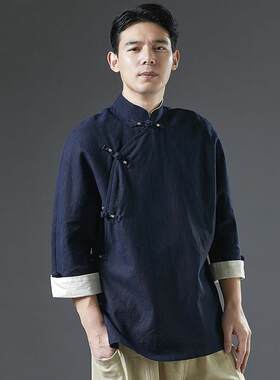 中国风男士改良汉服斜襟古风短袖手工盘扣立领禅茶服装挽袖居士服
