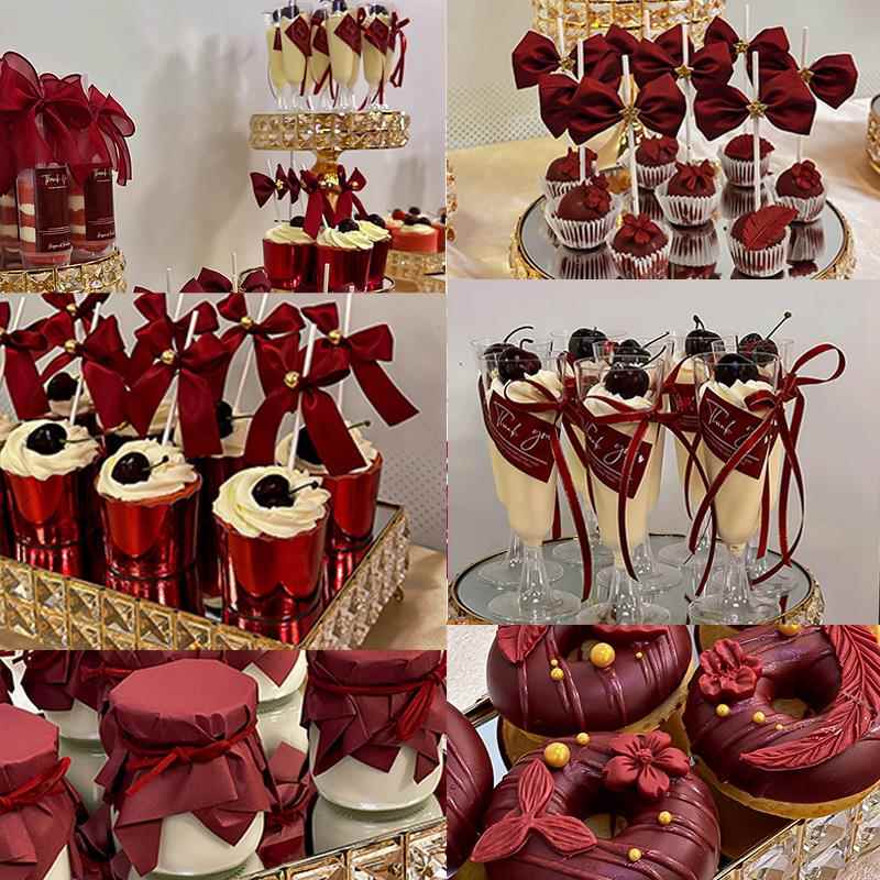 浪漫酒红系结婚订婚宴婚礼杯子甜品台DIY蝴蝶结木棒高脚杯英文贴