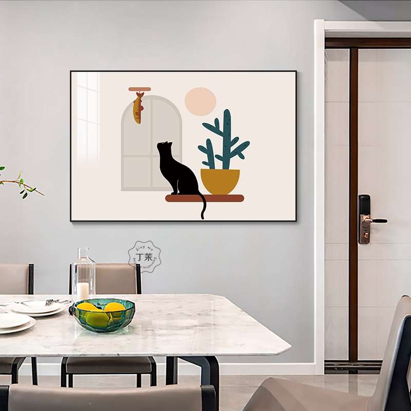 餐厅装饰画 现代简约静物猫咪饭厅挂画 横版客厅背景墙 餐桌壁画图片