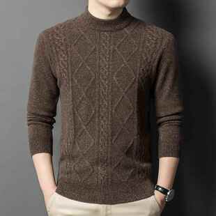 休男闲针织底 中年扭花打毛羊衣绒衫 秋冬24063 YA加厚士圆领羊毛衫