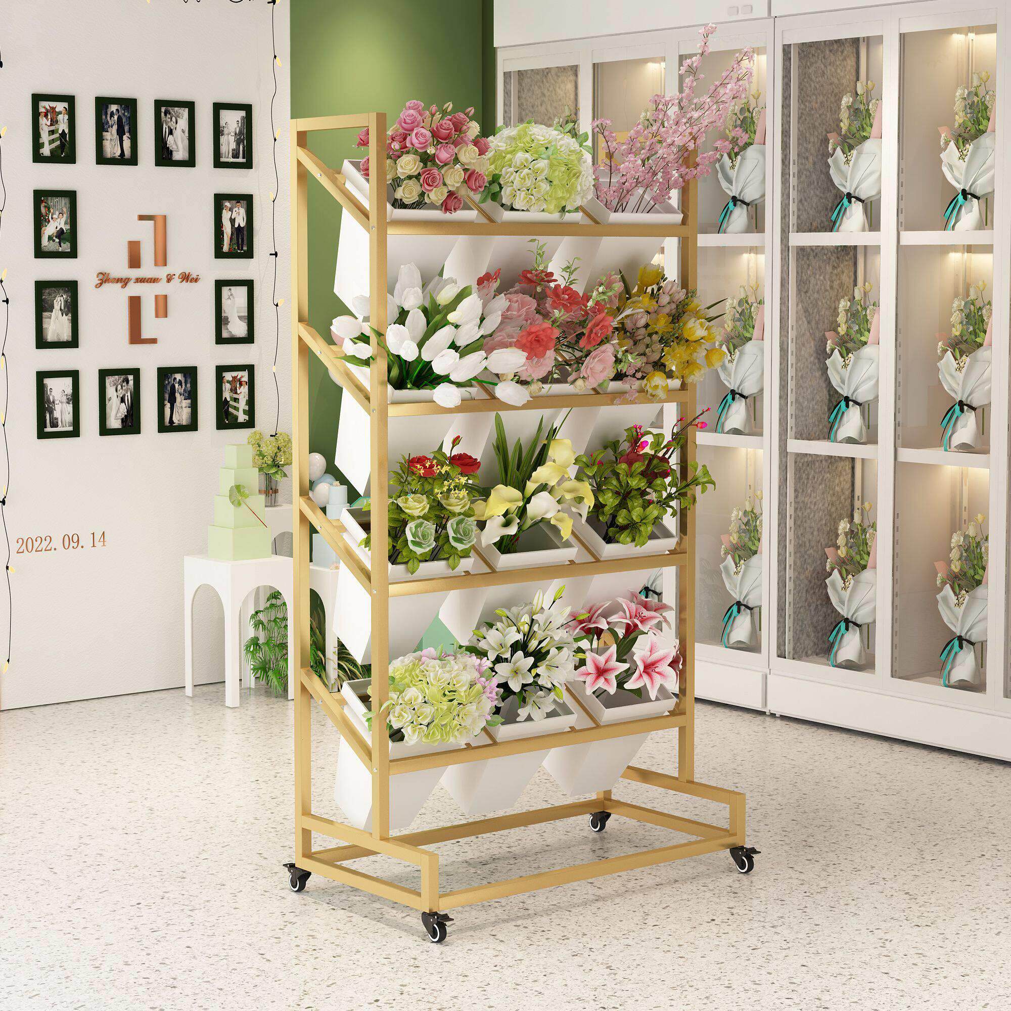 花店花架鲜花展示架铁艺梯形多层摆放架室内花卉架醒花桶置物架子