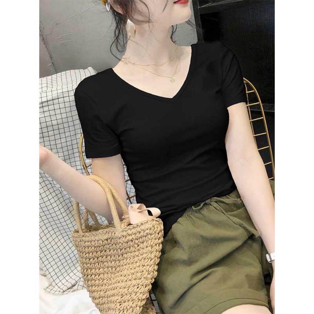 V领短袖t恤女士紧身上衣2025新款修身底衬衫甜心领多功能夏季半袖