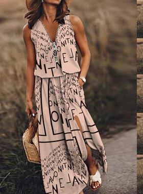 Sleeveless long dress, women's waist cinched zipper letter
