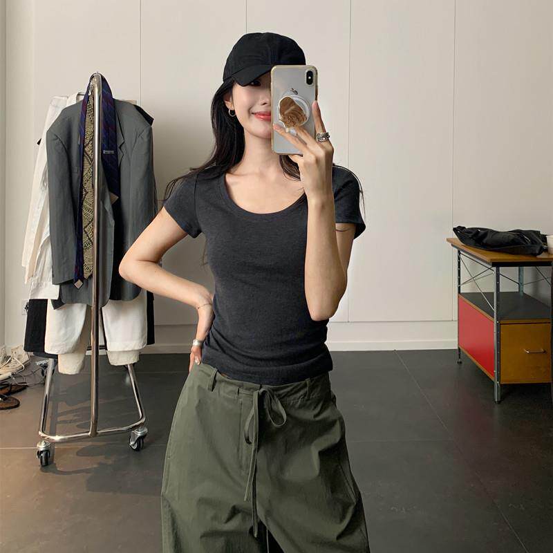 正肩短袖t恤女修身显瘦弹力收腰U领内搭打底衫垂感夏季辣妹上衣