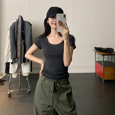 正肩短袖t恤女修身显瘦弹力收腰U领内搭打底衫垂感夏季辣妹上衣