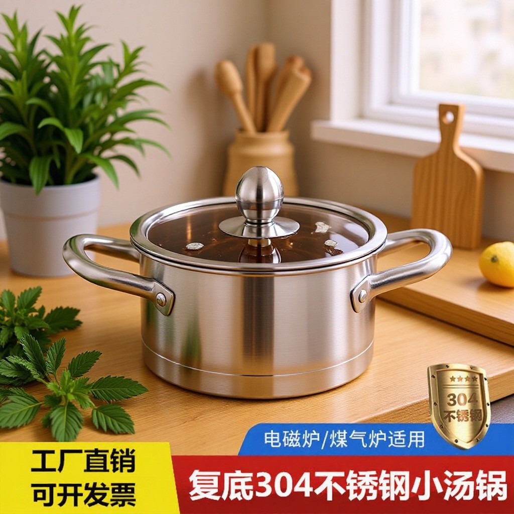 304不锈钢小火锅汤锅复底双耳单人锅电磁炉涮涮锅商用出摊专用