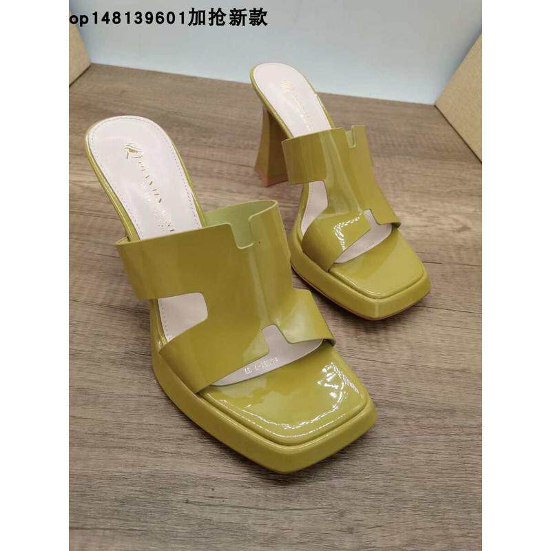 粗跟女鞋新款方头女夏季拖鞋休闲女拖漆皮凉拖沙滩夏拖粗跟高跟