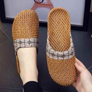 亚麻室内 透气家居草席编织包头平底藤草男女防滑欧式 居家拖鞋 夏季