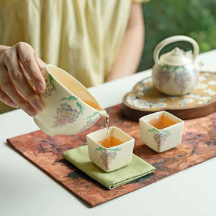 纯手绘紫藤花主人杯陶瓷茶杯创意四方形品茗杯个人专用单杯子