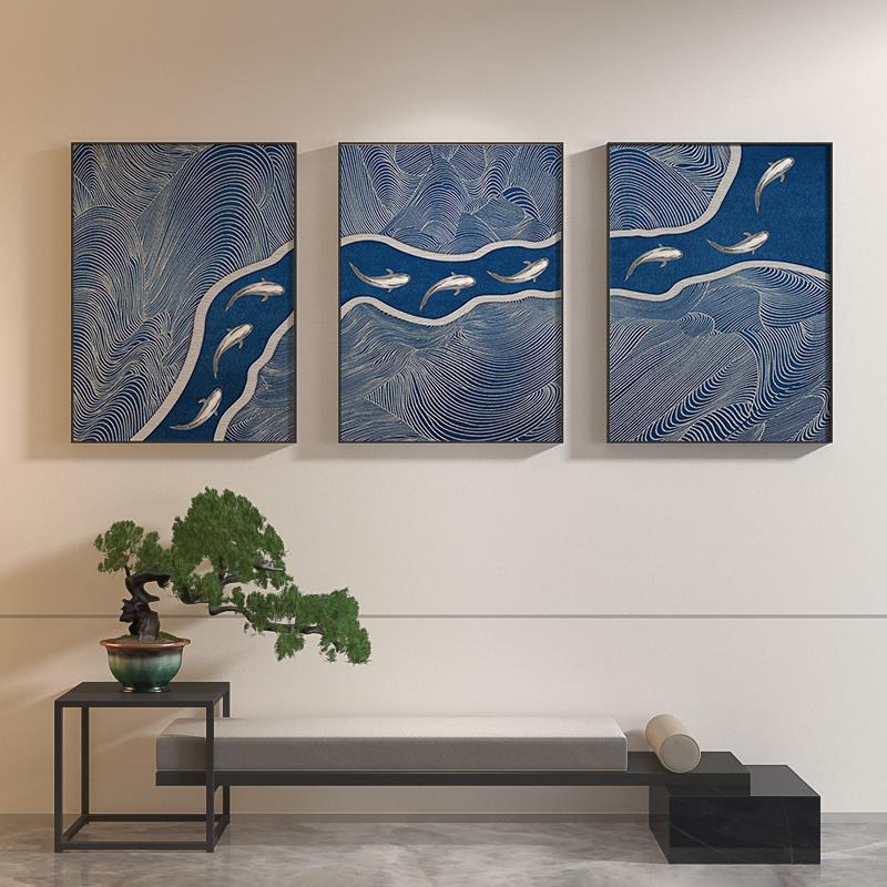 新中式客厅茶室装饰画蓝色抽象九鱼图艺术线条背景墙壁三联挂画图片