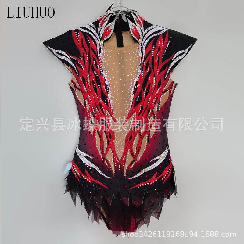 LIUHUO艺术体操服健美比赛服艺考女儿童表演竞技裙黑红渐变BD636