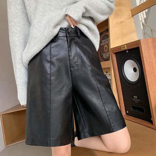 Elegant Women's PU Leather Shorts A-Line High Waist Loose
