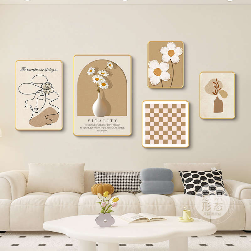 组合背景风2025挂画客厅沙发简约原木壁画现代墙装饰画奶油色新款