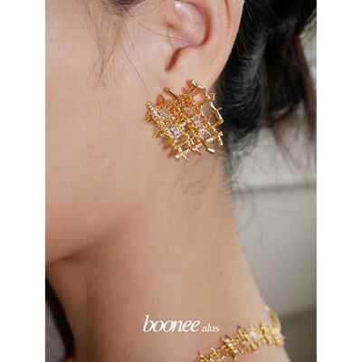 Boonee alus原创小众编织锆石复古耳环女夸张独特设计不规则耳钉