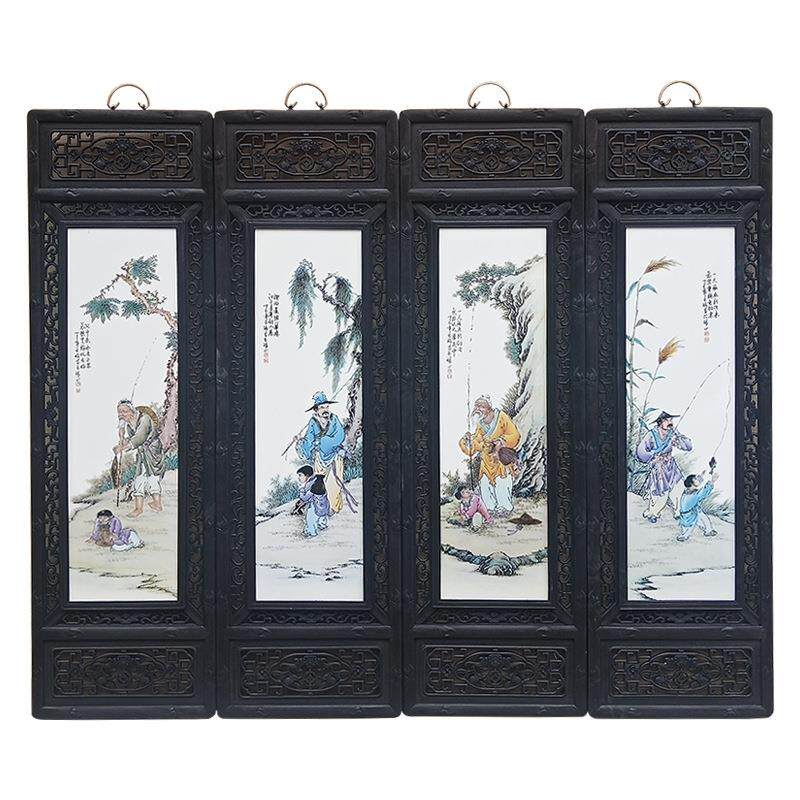 景德镇陶瓷板画四条屏花鸟山水新中式挂画客厅装饰画仿古实木框