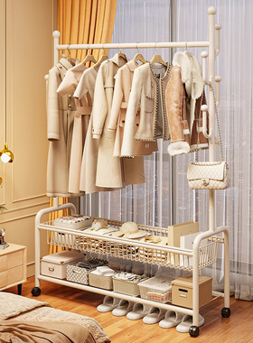 奶油风卧室落地挂衣架宿舍可移动带轮家用简易阳台衣帽架子晾衣架