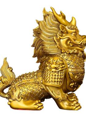 黄铜麒麟摆件瑞兽直头麒麟将军铠甲麒麟家居玄关店铺桌面装饰用品