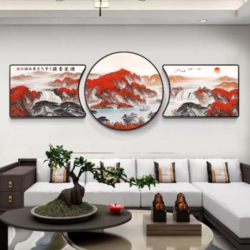 鸿运当头装饰画国画新中式客厅山水挂画大气沙发背景墙壁画三联画