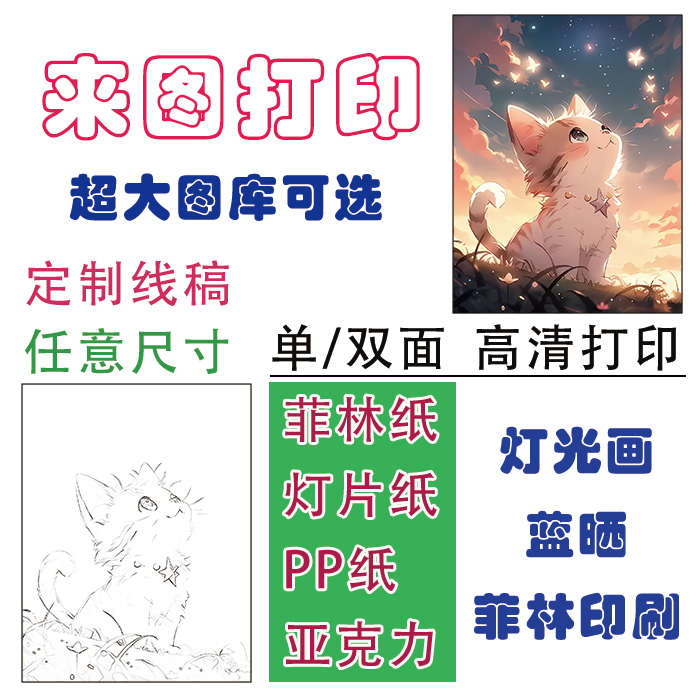 代打印菲林胶片PP纸单双面灯光画替换画芯蓝晒反转片灯箱片流麻