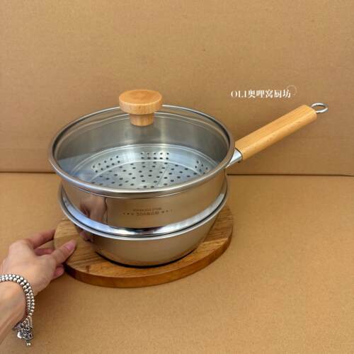 316不锈钢多功能炒锅无涂层带盖子小炒锅一人食三层钢加厚双层蒸