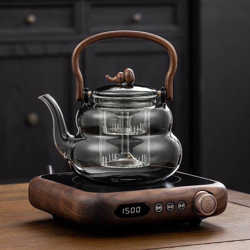 电陶炉煮茶壶北美黑胡桃木实木煮茶器防爆玻璃蒸煮一体泡茶养生壶