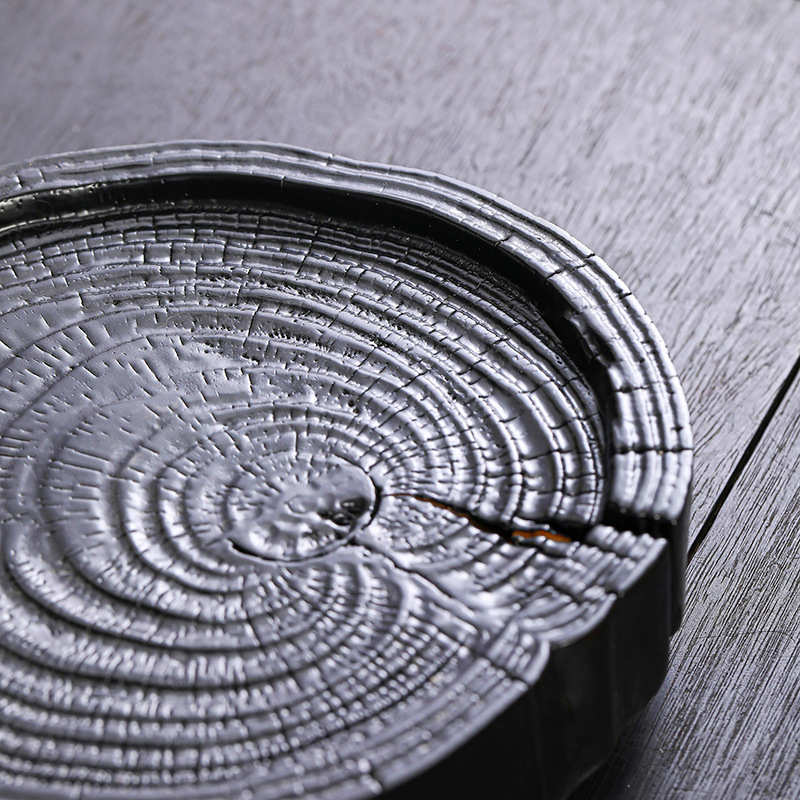 宜室茶话日式侘寂风实木干泡台茶盘圆形茶台白蜡木炭烧黑壶承托盘