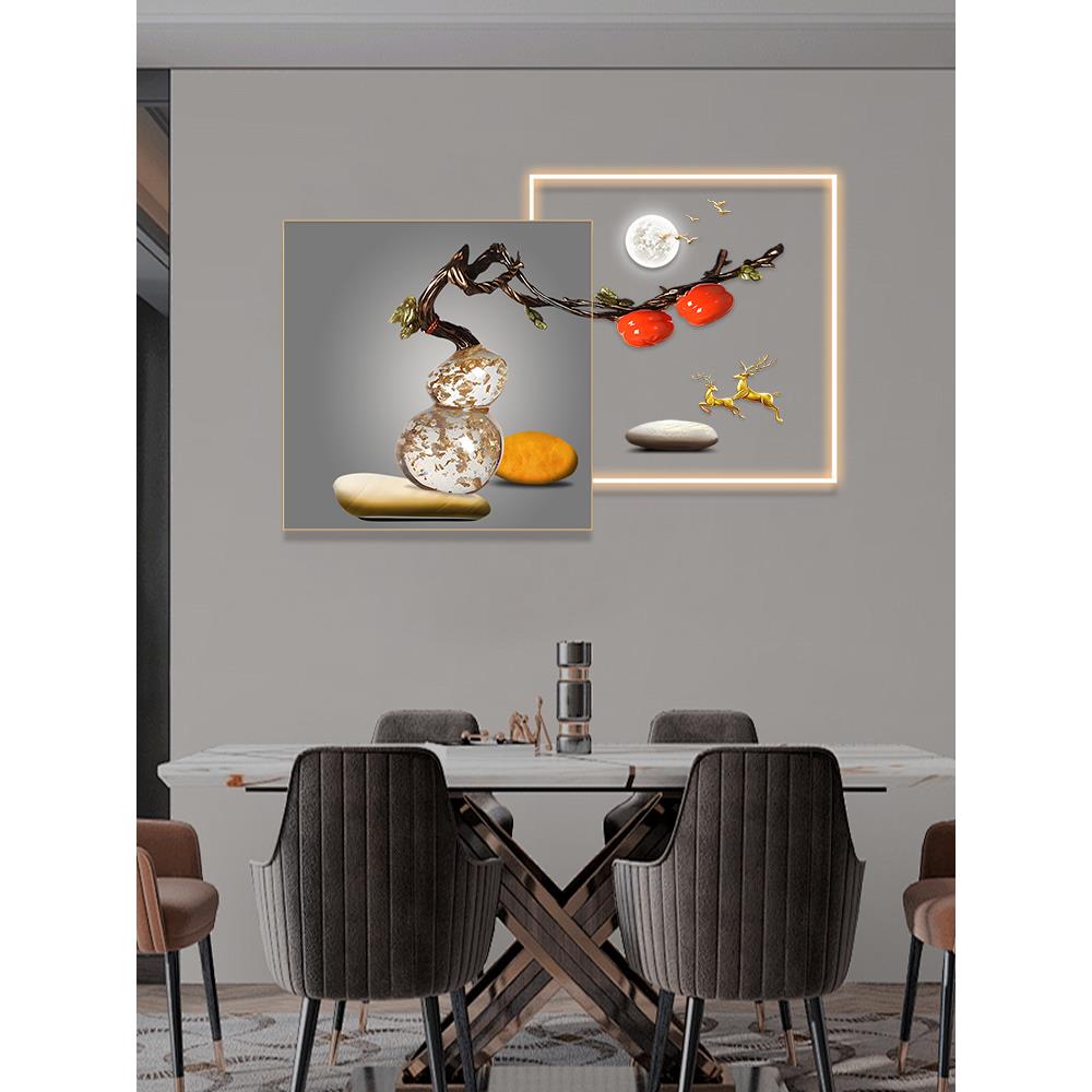 轻奢餐厅装饰画现代艺术个性LED灯挂画客厅餐桌墙壁画双联晶瓷画