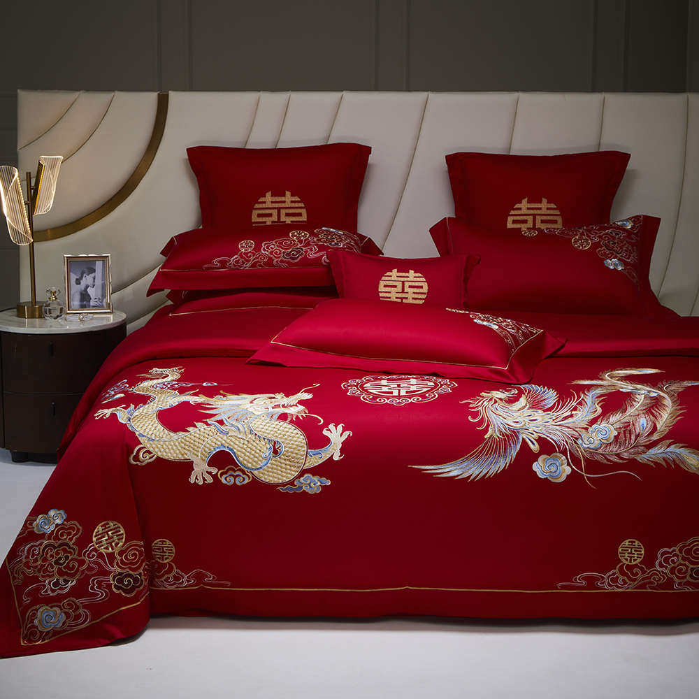 高档龙凤新婚庆四件套100S长绒棉大红色纯棉全棉结婚喜被床上用品,床上用品,婚庆床品套件,淘宝优惠券,粉丝福利购,淘宝优惠卷