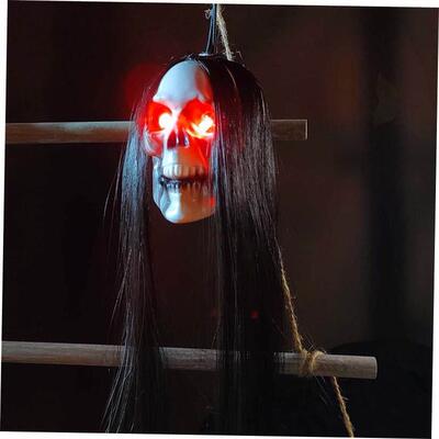 Halloween Hanging Ghost Skull with Long Hair Glowing Eyes