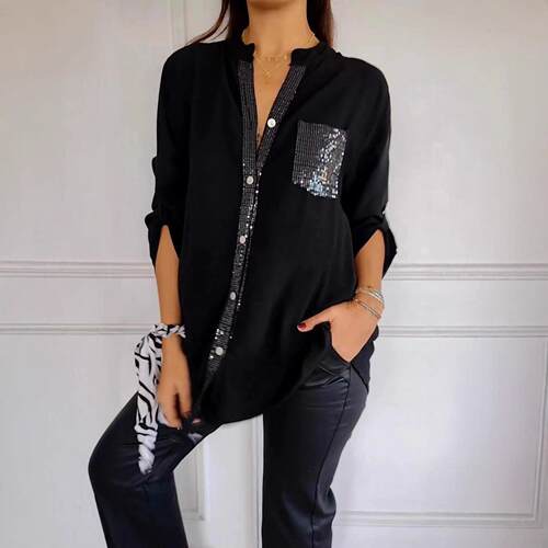 A women's black stylish sequin decorated long sleeved shirt