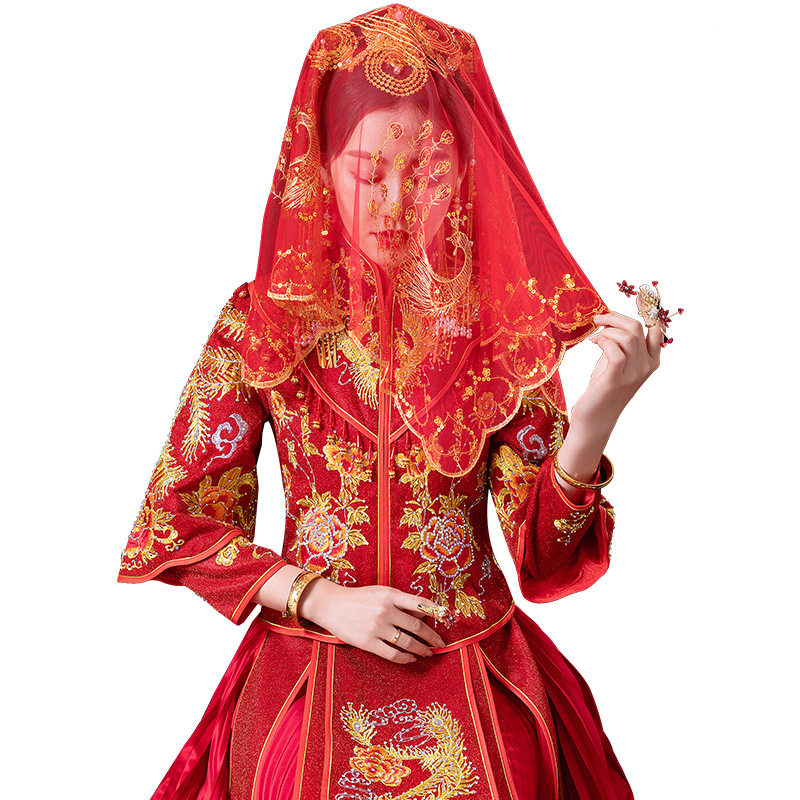 新娘红盖头半透明纱2024结婚中式婚礼头纱秀禾服高级蒙头红色喜帕