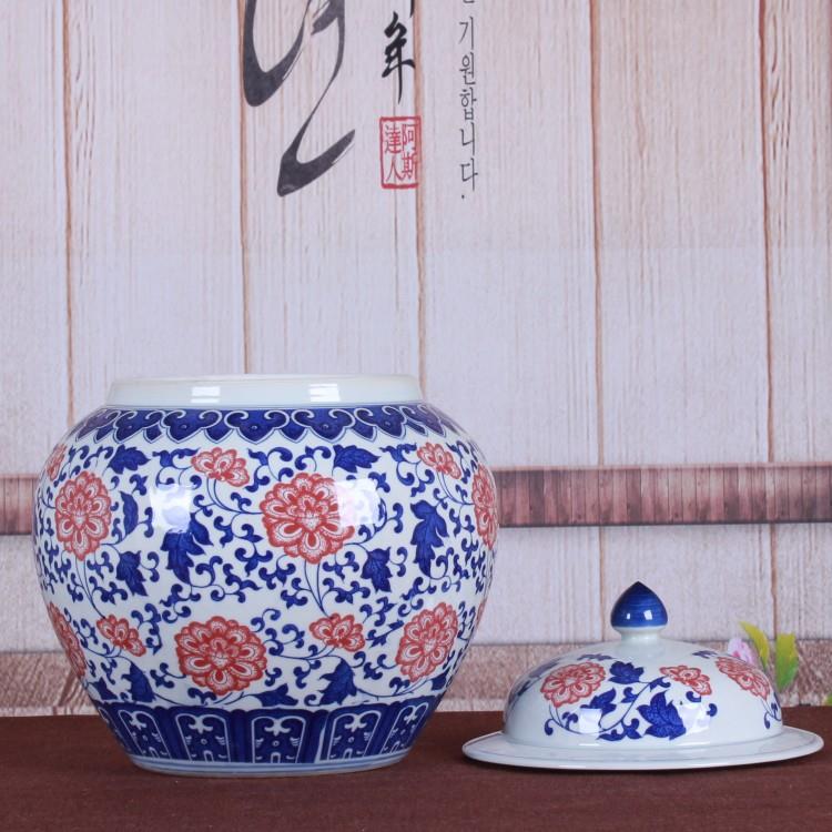 景德镇陶瓷工艺品 青花釉里红缠枝莲储物罐 带盖陶瓷罐摆件
