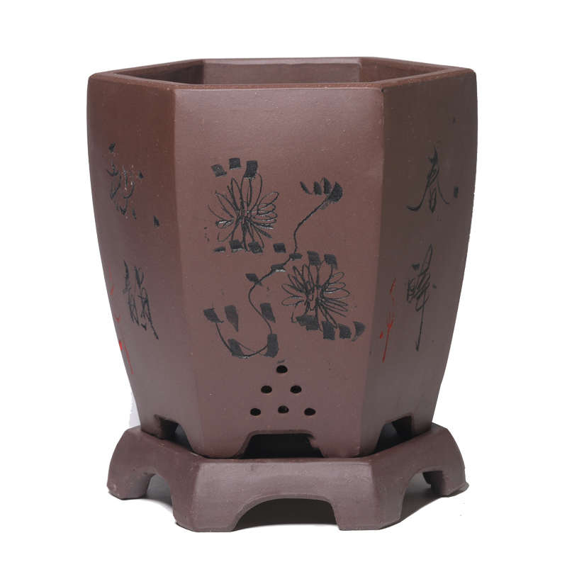 紫砂兰花盆陶瓷六方透气绿萝室内家用盆景大花盆徐萍