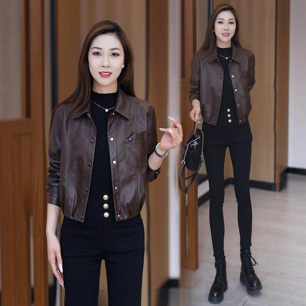 时尚短款皮衣外套女2025春秋新款洋气显瘦高级感机车服翻领皮夹克