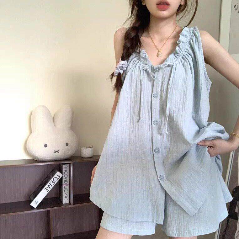 覆古蓝夏季背心短裤婴儿棉纱睡衣女款2025新款夏双层纱家居服套装