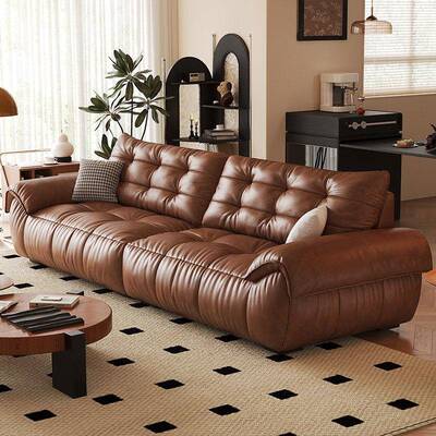 复古风真皮沙发小户型客厅头层牛皮焦糖色中古风设计师2026新款