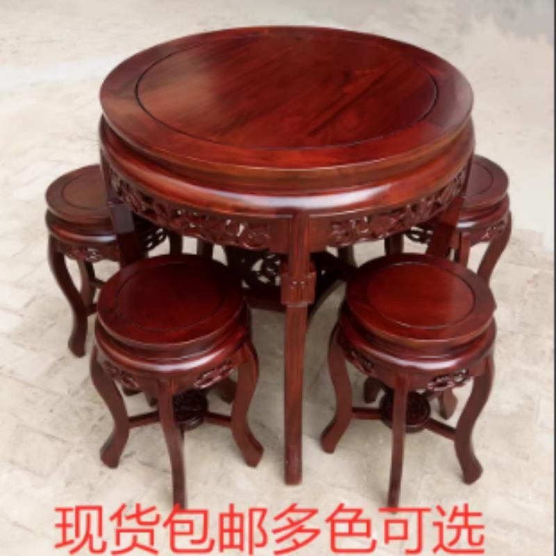 榆木圆桌中式彷古圆形餐桌实木小圆桌家用小户型餐桌实木雕花圆桌