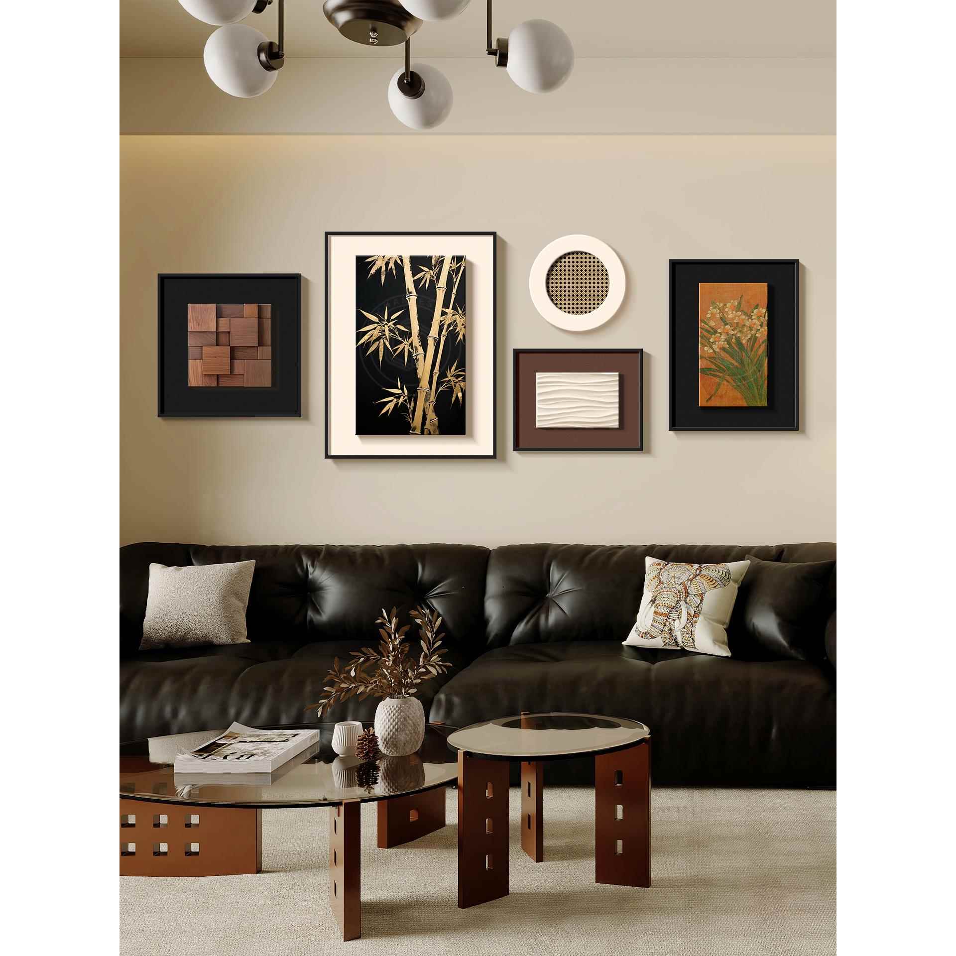 中古风竹子客高厅装饰步步高升级组479合法感式画覆古沙发背景墙