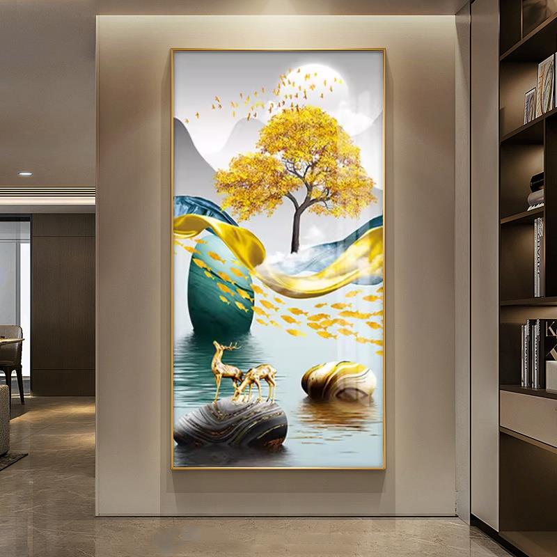 新款客玄关厅装饰画北欧金色瓷麋鹿晶道画沙发背景墙挂画入户过墙图片