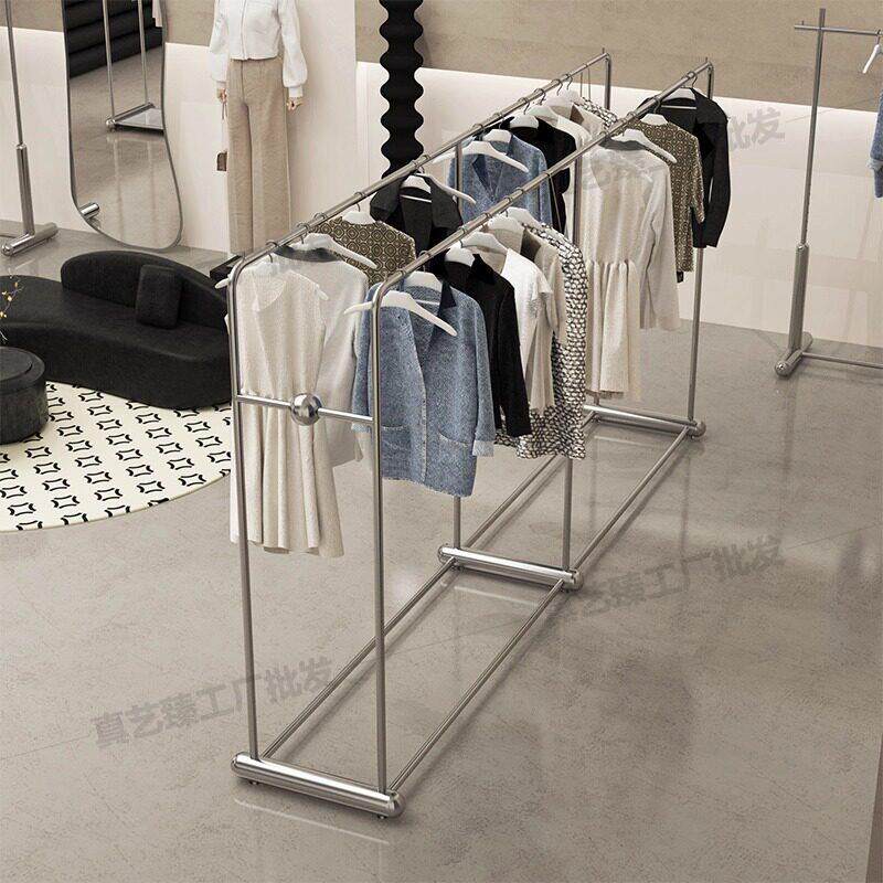 服装店中岛展示架不锈钢落地陈列架简约女装店铺双排侧挂挂衣货架